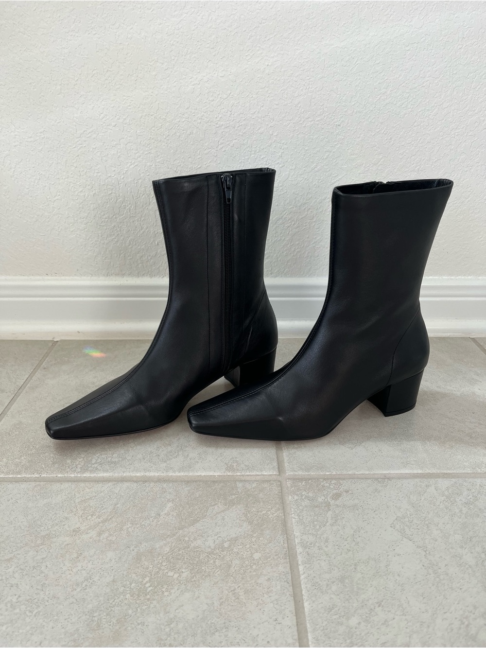 INTENTIONALLY BLANK Black Square-Toe Mid-Calf Heeled Boots